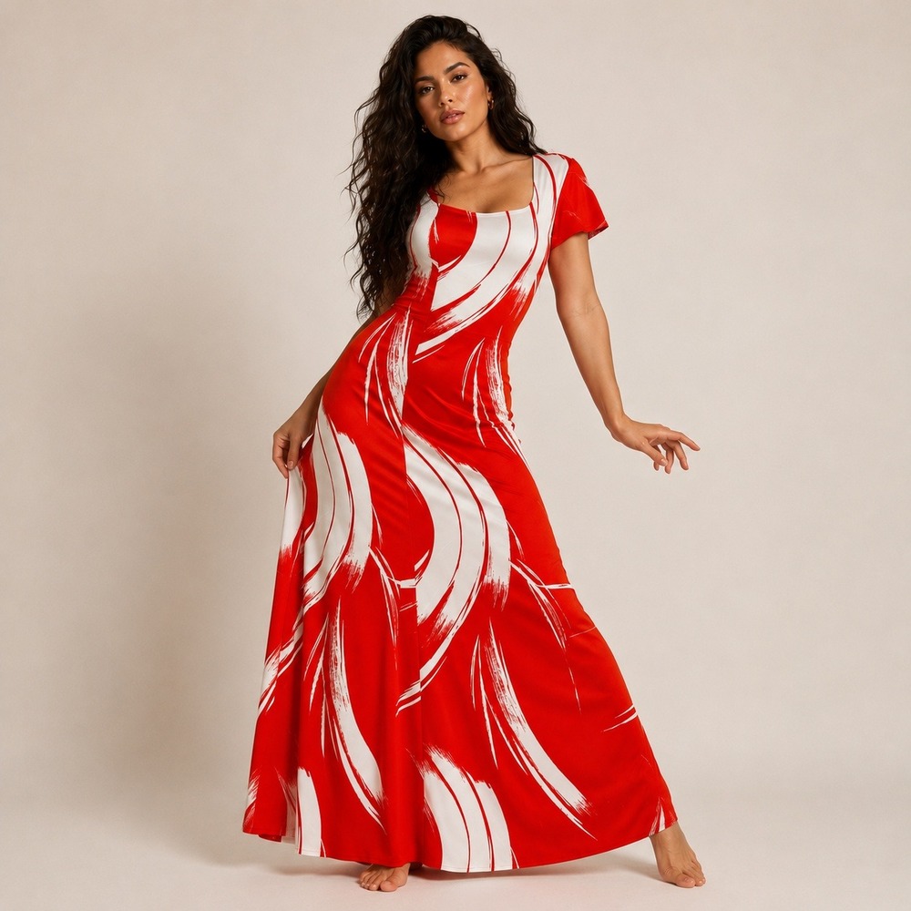 Vintage 70s Abstract Swirl Maxi Dress Red White Small
